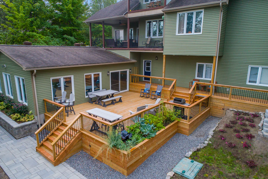 Clean furnished wooden deck beside a home